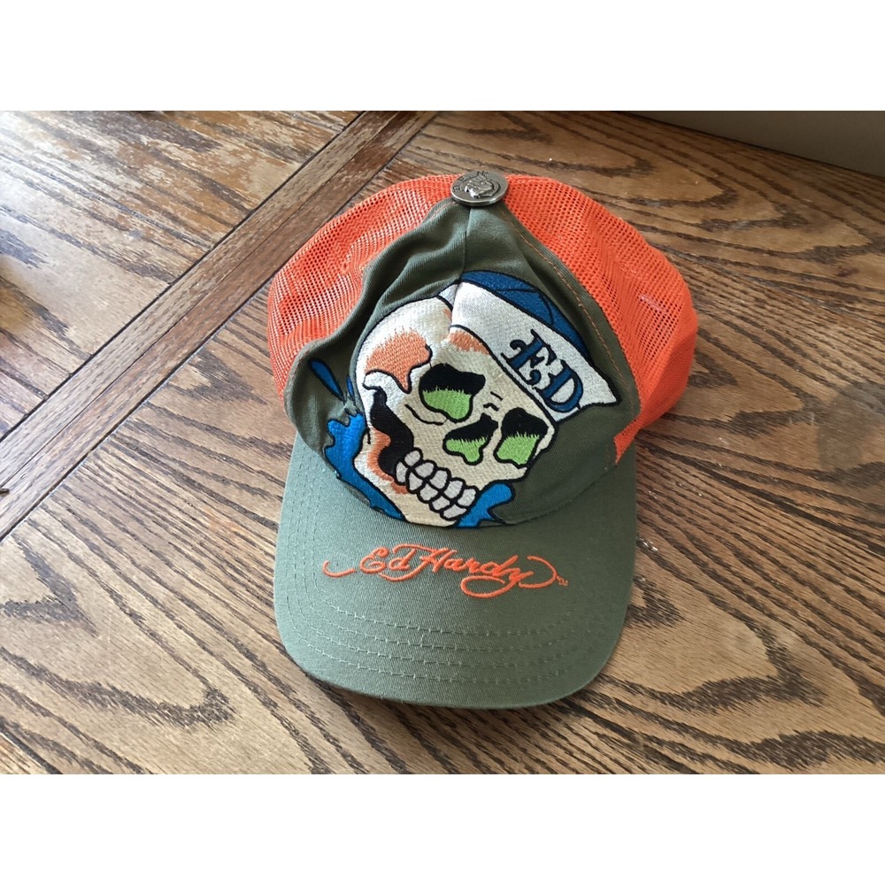 Ed Hardy Christian Audigier Trucker Hat Orange Green Skull Mesh Snapback Cap